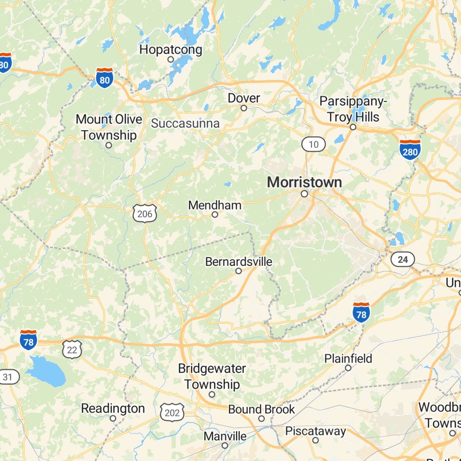 Street map of Mendham and the area around Morristown and Bernardsville